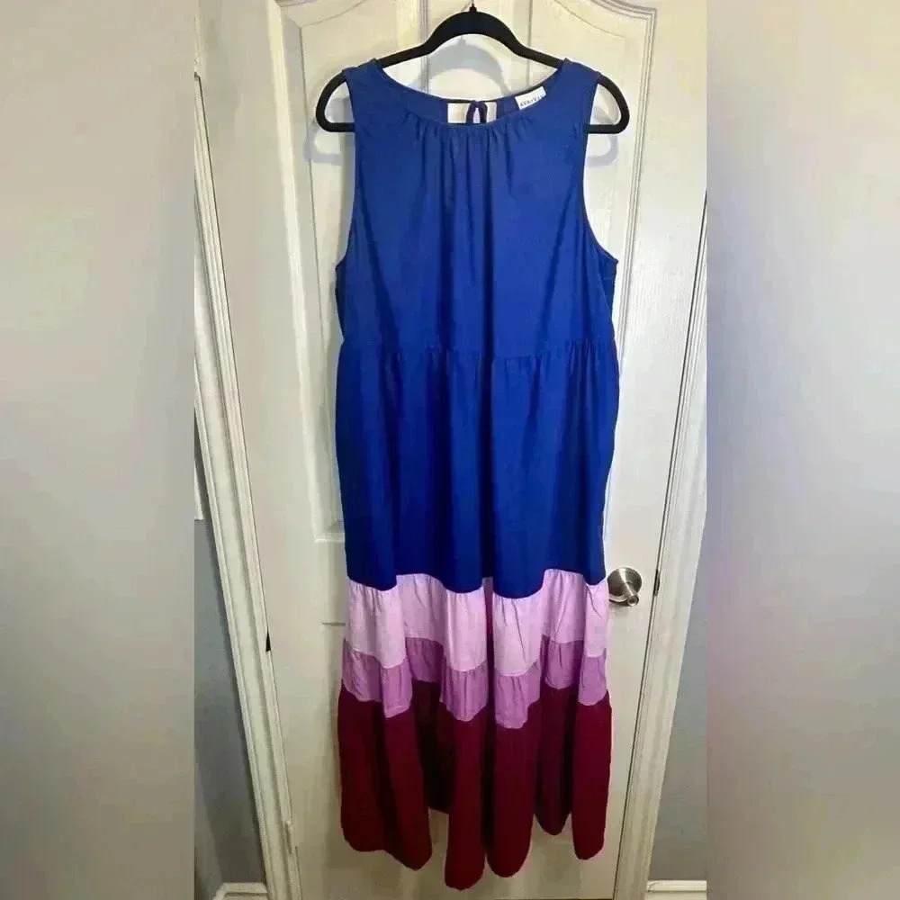 💜”Ava & Viv” Colorblock Tiered Maxi Dress w/ Pockets & Back Tie Closure Size X💙